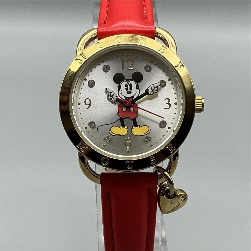 Disney Girls Watch 28mm Mickey Mouse Red Leather Gold Silver Tone New Battery